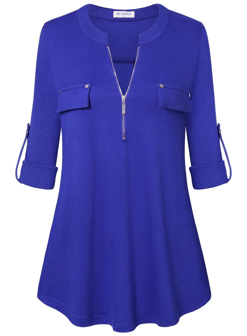 Bulotus 3/4 Sleeve Tunic Tops for Women Loose Fit Dressy, Ladies Tops and Blouses Spring Casual Shirt Fashion 2025 Work Blouses for Women Professional, Blue, XL - Image 1